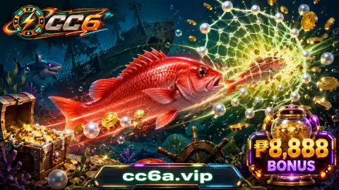 CC6 fishing crossing field with fish, rays, crabs and sea-dragon shapes moving through layered teal water