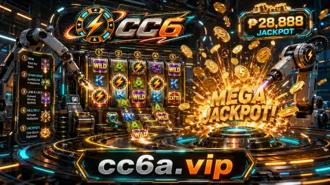CC6 slot games scene with a bright wheel, treasure chest, gold coins, diamonds and stars