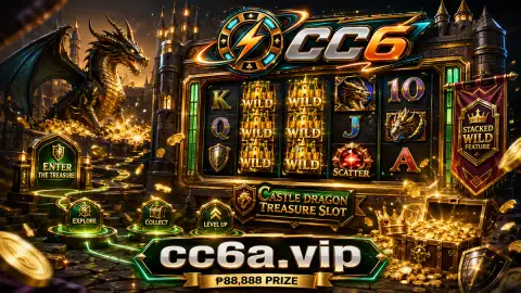 CC6 slot login scene fading into a darker teal lobby after the bright reel and treasure sequence